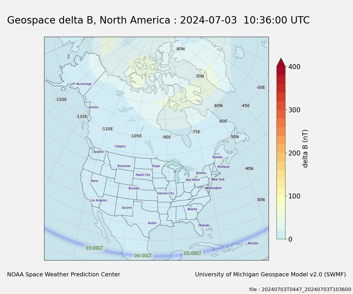 The Geospace model magnetic delta B (nT) data on a global 5 x 5 degree grid mapped as a color contour plot over North America